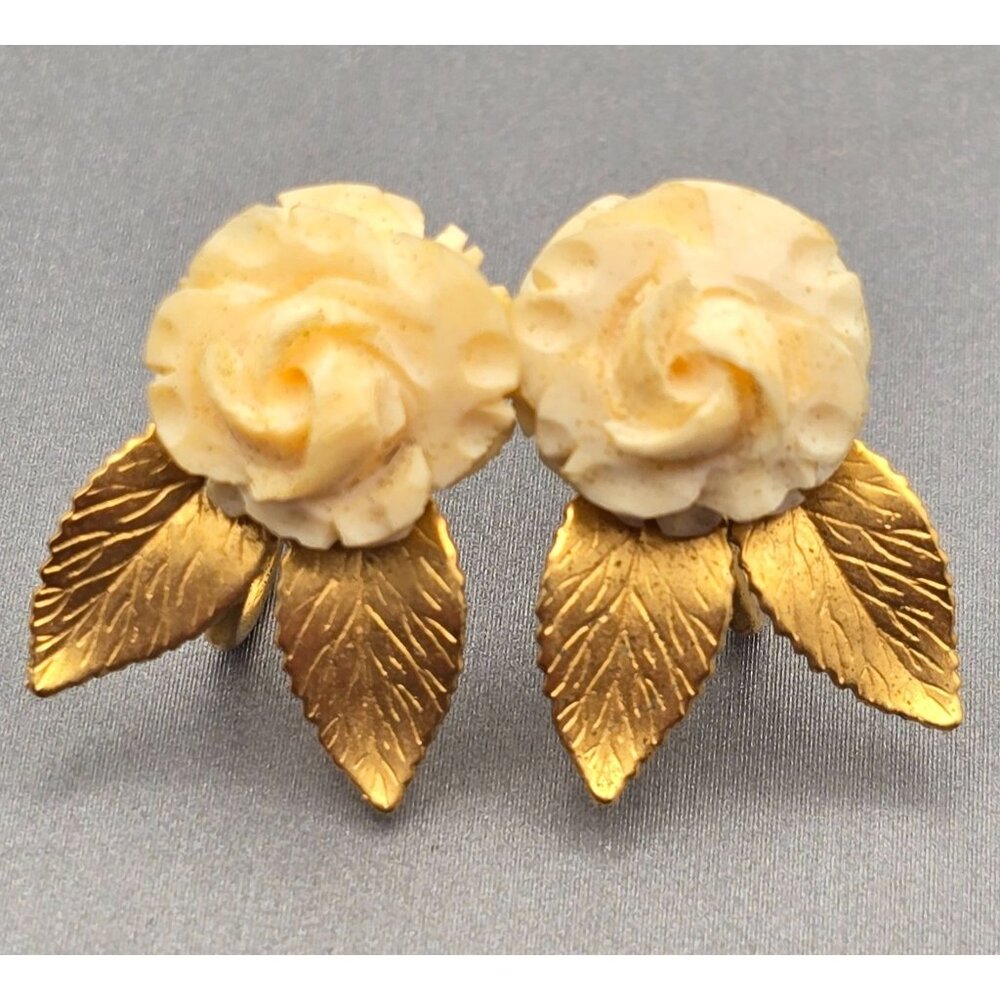 VTG Krementz Gold-Filled Carved Celluloid Rose Screw Back Earrings & Brooch Set - Picture 4 of 12